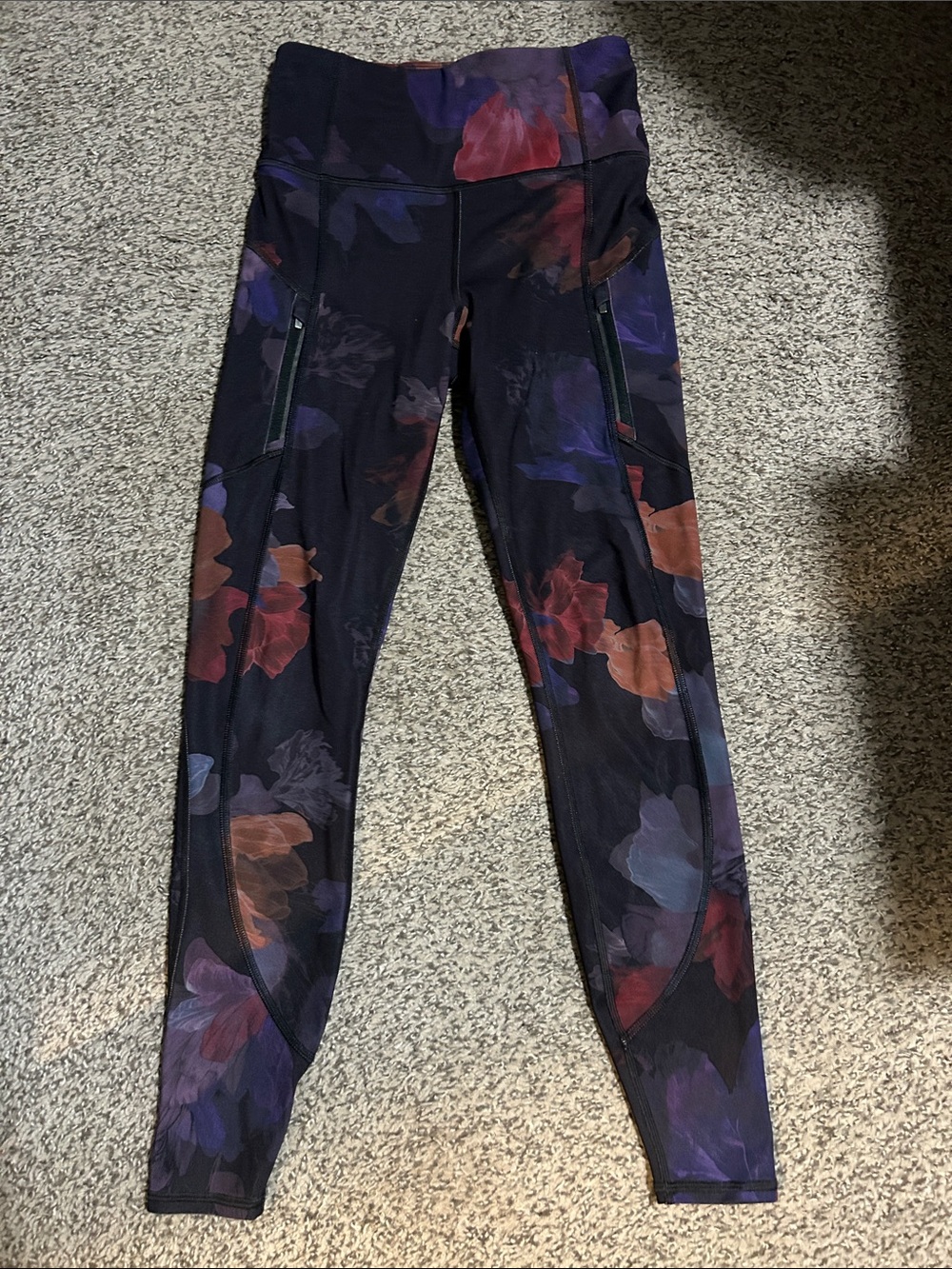 Athleta Black Rainer Leggings with Purple and Rust Floral Print